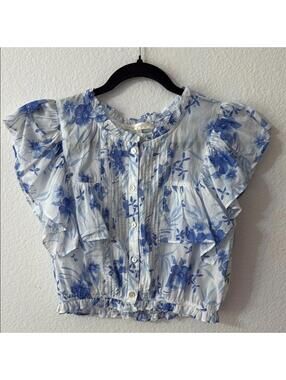 LoveShackFancy Blue and White Flutter Sleeve Cropped Blouse